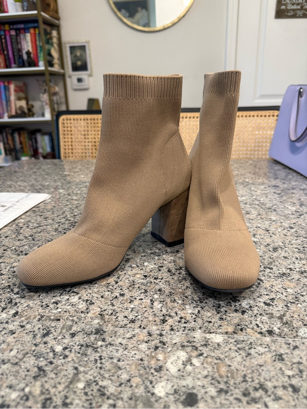MIA Beige Knit Sock Booties with Block Heel